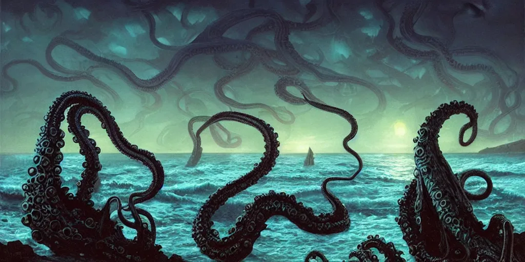 Image similar to landscape view on an old fishing village at night, a tentacled creature emerging from the ocean on the right, night colors, high - key lighting, beautiful composition, intricate, gradient from green to black, pro photography by, highly detailed, digital painting, art by artgerm and greg rutkowski and alphonse mucha, smooth, sharp focus illustration