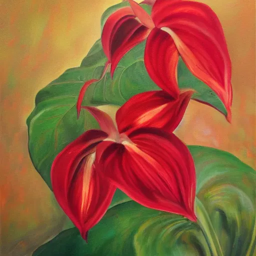 Prompt: anthuriums, oil painting, wide strokes