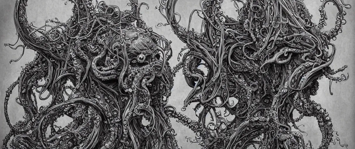 Image similar to centered horrifying detailed side view profile portrait of a insane, crazed, mad old bald zombie, cthulhu, eldritch abomination, dunwitch horror, ornate tentacles growing around, ornamentation, thorns, vines, tentacles, elegant, beautifully soft lit, full frame, 8 k by wayne barlowe, peter mohrbacher, kelly mckernan, h r giger