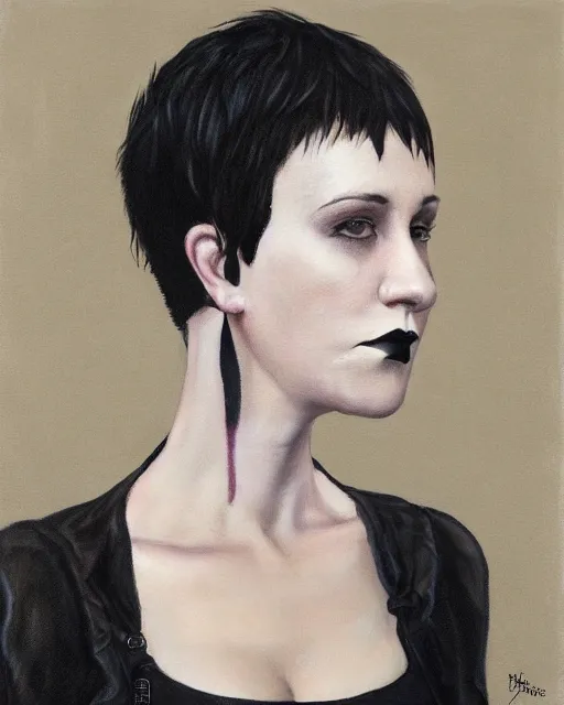 Image similar to A goth portrait painted by Dan Witz. Her hair is dark brown and cut into a short, messy pixie cut. She has a slightly rounded face, with a pointed chin, large entirely-black eyes, and a small nose. She is wearing a black tank top, a black leather jacket, a black knee-length skirt, a black choker, and black leather boots.