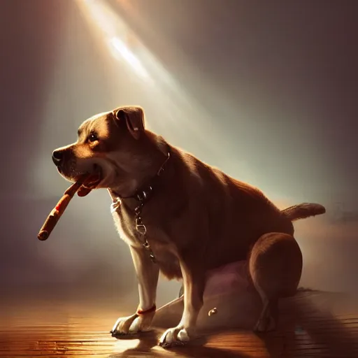 Image similar to a dog wearing smoking a cigar, dramatic lighting, cinematic, establishing shot, extremly high detail, photorealistic, cinematic lighting, concept art, artstation, style by greg rutkowsky