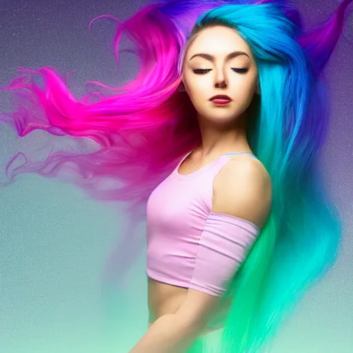 Image similar to a award winning full body shot of a beautiful woman in a croptop with a ombre purple pink teal hairstyle with head in motion and hair flying, outrun, vaporware, vivid colors, highly detailed, fine detail, intricate