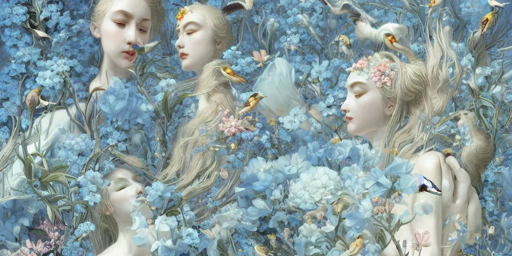 Image similar to breathtaking detailed concept art painting art deco pattern of blonde faces goddesses amalmation light - blue flowers with anxious piercing eyes and blend of flowers and birds, by hsiao - ron cheng and john james audubon, bizarre compositions, exquisite detail, extremely moody lighting, 8 k