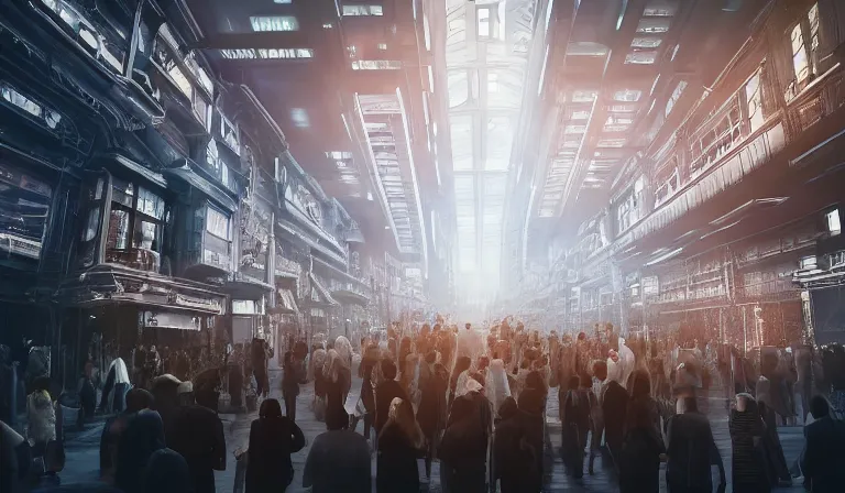 Image similar to crowd of people in simple white museum, looking at hologram of dense futuristic city on a table, cinematic concept art, godrays, golden hour, natural sunlight, 4 k, clear details, tabletop model buildings, center model buildings, hologram center, crane shot, crane shot, crane shot, white walls