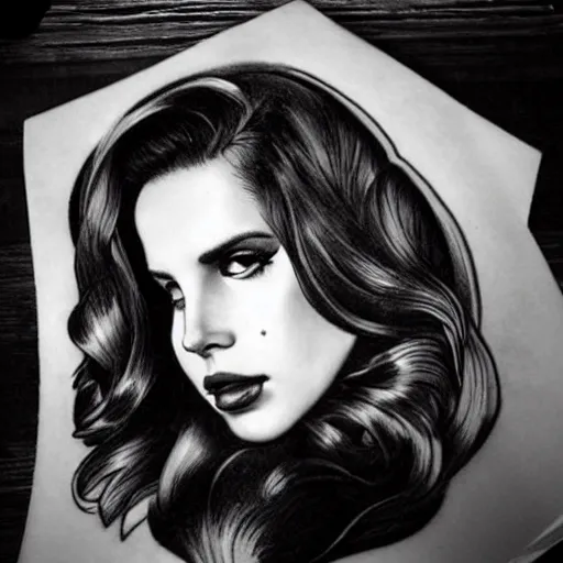 Image similar to Lana del rey tattoo design, photorealistic, dramatic