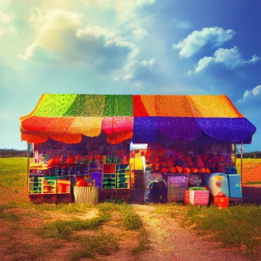 Prompt: super colorful pop rock candy, fruit stand on the side of a country dirt road, dramatic lighting, cinematic lighting, partly cloudy, 8 k, 4 k, trending on artstation cgsociety, octane ue 5