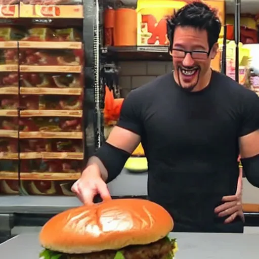 Prompt: Markiplier lifting a large hamburger