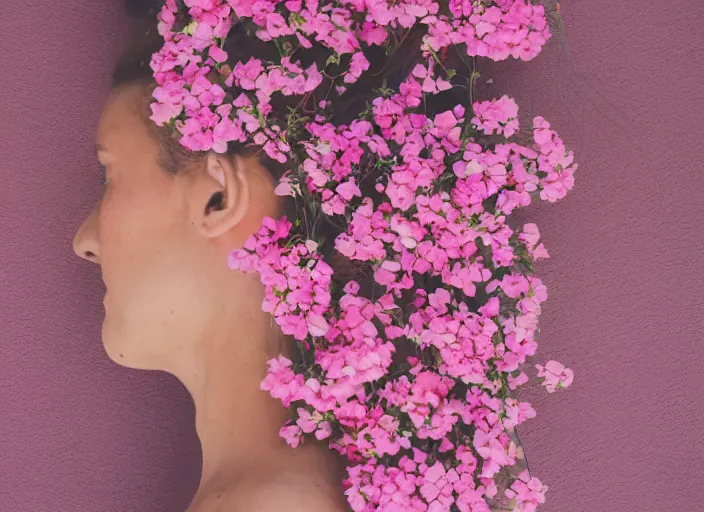 Prompt: photography, close-up of the back of a woman\'s head with interwoven flowers in center against a pink wall, daylight, 35mm