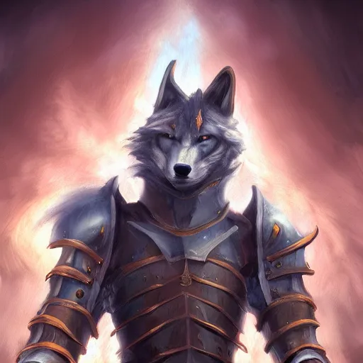 Image similar to painting of an anthropomorphic wolf knight character, epic dramatic digital painting, trending on artstation