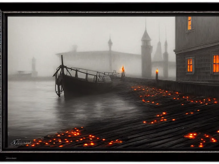 Image similar to a forgotten wharf on a cold sea by zacharias aagaard and rob gonsalves and julie bell and ruth deckard and hubert robert, crisp details, hyperrealism, high contrast, low light, bokeh, short focal length, desaturated, grey mist, cobblestones, orange candle flames