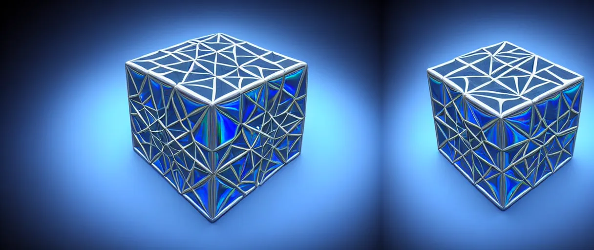 Image similar to hyperrealistic 3d render neo-surreal metatron's cube rotating iridescent escher dali octane moody blue lighting low angle hd 8k sharp shallow depth of field