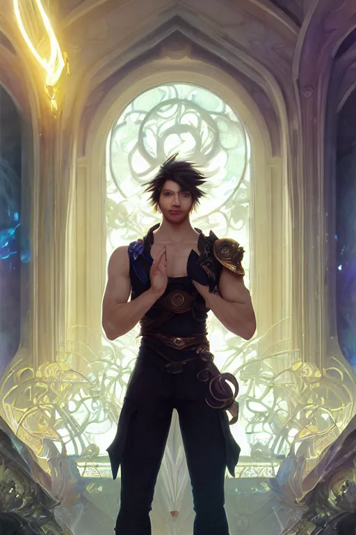 Prompt: fullbody portrait of a male fit hero with strange hairs, soft smile, final fantasy, league of legends champion, strong iridescent light, by chengwei pan and sakimichan and greg rutkowski and alphonse mucha, gradient white to gold, in front of a magical building background, highly detailed portrait, digital painting, smooth, focus illustration