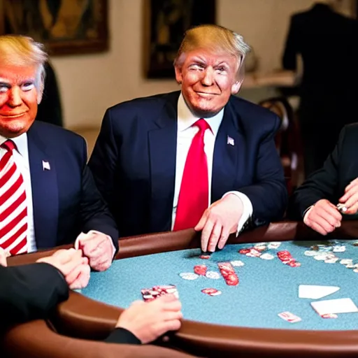 Image similar to donald trump and jesus christ playing poker while putin serves drinks and smiles