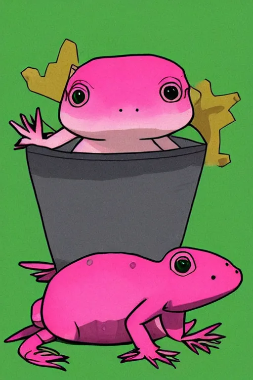 Prompt: pink axolotl in a bucket with a smaller lizard on its head, cartoon, cute, trending on artstation, digital art