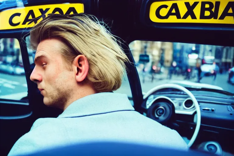 Image similar to candid photo of a Caucasian man sat in back of a UK taxi, Kodak Portra 400,8K,highly detailed: beautiful perspective extreme closeup portrait photo in style of 2000s retrofuturism, photography fashion edition, tilt shift, highly detailed, focus on man ;blonde hair;blue eyes, clear eyes, soft lighting