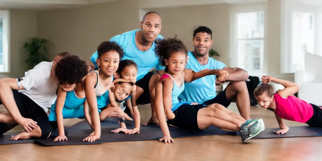 Image similar to a husband and wife exercising with four kids studying, award winning photo,