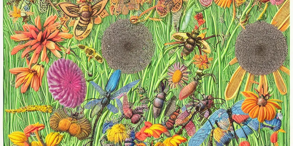 Prompt: colorful print of cute little insects botanical artwork, multicolor lino block print with vignettes, created by ernst haeckel, greg hildebrandt, mary delany in the style of painting toon shades, colorful ink, vibrant, warm pastel, colorful dark vector, smooth curves, graphical, detailed, trending in art station 9 6 0!!!!!