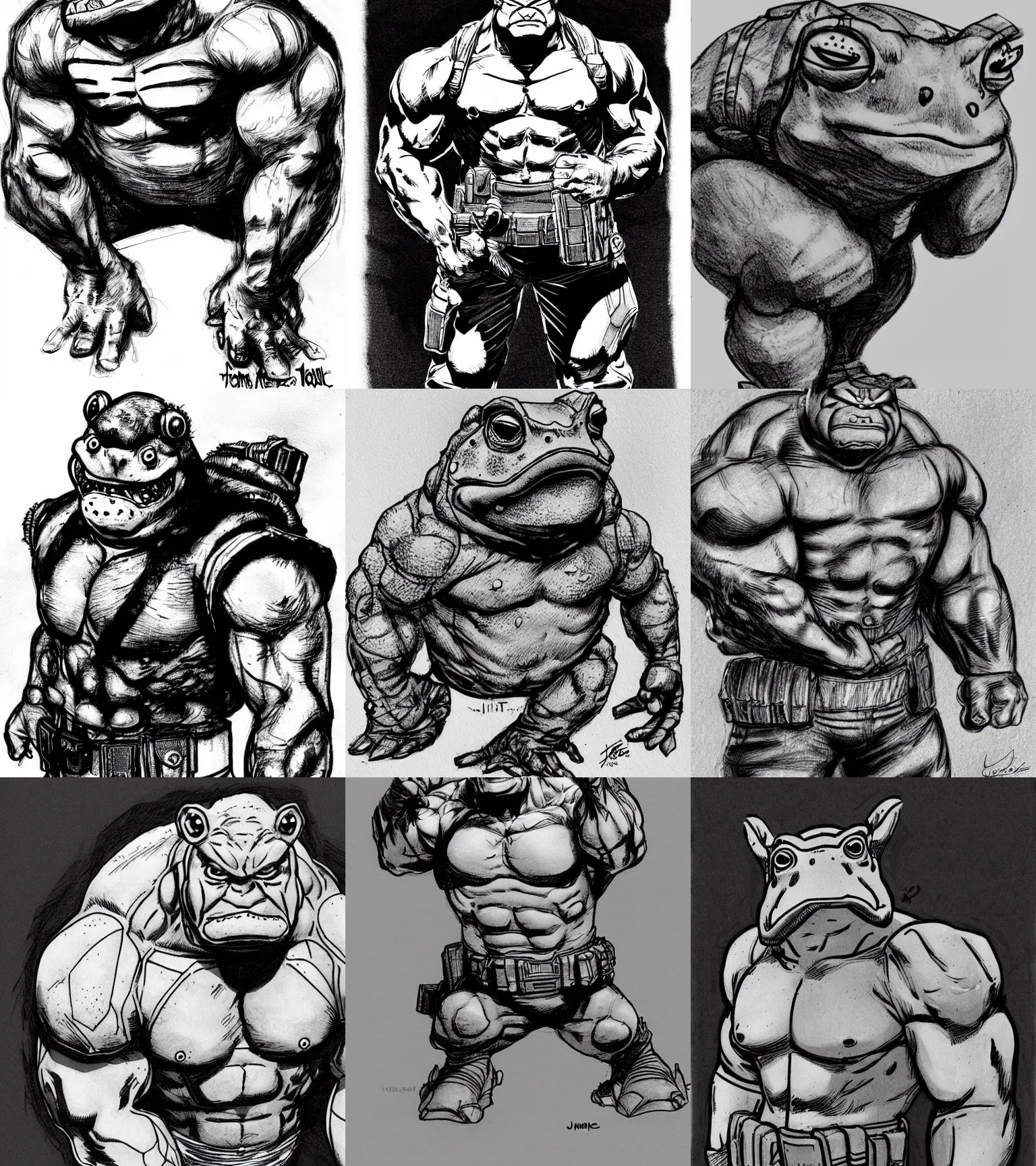 Prompt: toad animal!!! jim lee!!! medium shot!! flat grayscale ink sketch by jim lee close up in the style of jim lee, depressed dramatic bicep pose, borderlands swat soldier chest rugged armor military hulk toad animal looks at the camera by jim lee