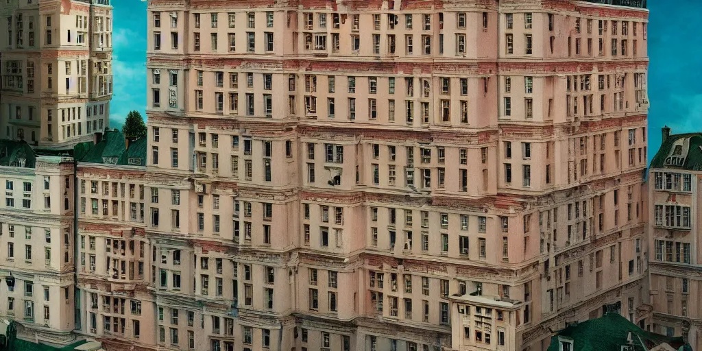 Image similar to a very high resolution image from a new movie, upside - down building, beautiful scenery, photorealistic, photography, directed by wes anderson