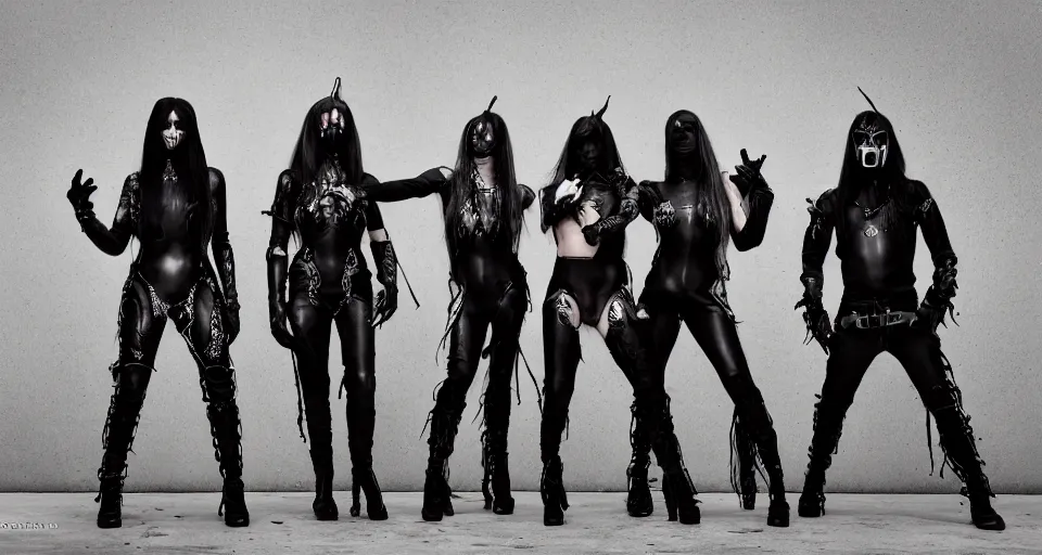 Image similar to Photography of a rock black cyber metal post human group with costumes inspired by insects