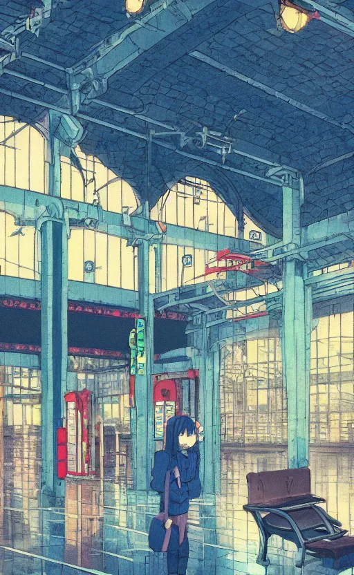 Image similar to train station, rainy day, anime, japan, ghibli, 9 0 s, retro style, aesthetic, chill, room