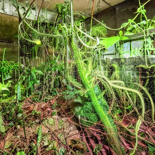 Image similar to abandoned, overgrown, underground bunker. giant mutated carnivorous plants, venus fly trap, pitcher plant, sundew plant.