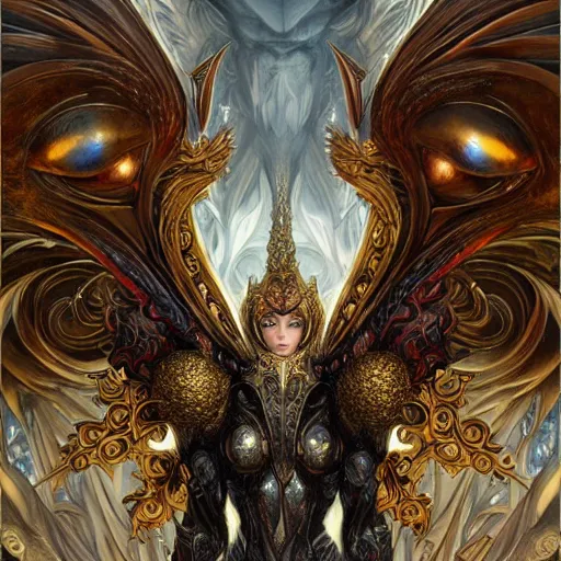 Image similar to a beautiful symmetrical muscular body wearing a dragon armor made of golden ornaments and gems, white wings by alex gray and android jones , Karol Bak, Ayami Kojima, Amano , concept art, character design, fantasy,3D, 8k resolution