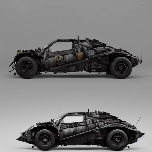 Image similar to the batmobile in mad max, au naturel, hyper detailed, digital art, trending in artstation, cinematic lighting, studio quality, smooth render, unreal engine 5 rendered, octane rendered, art style by klimt and nixeu and ian sprigger and wlop and krenz cushart