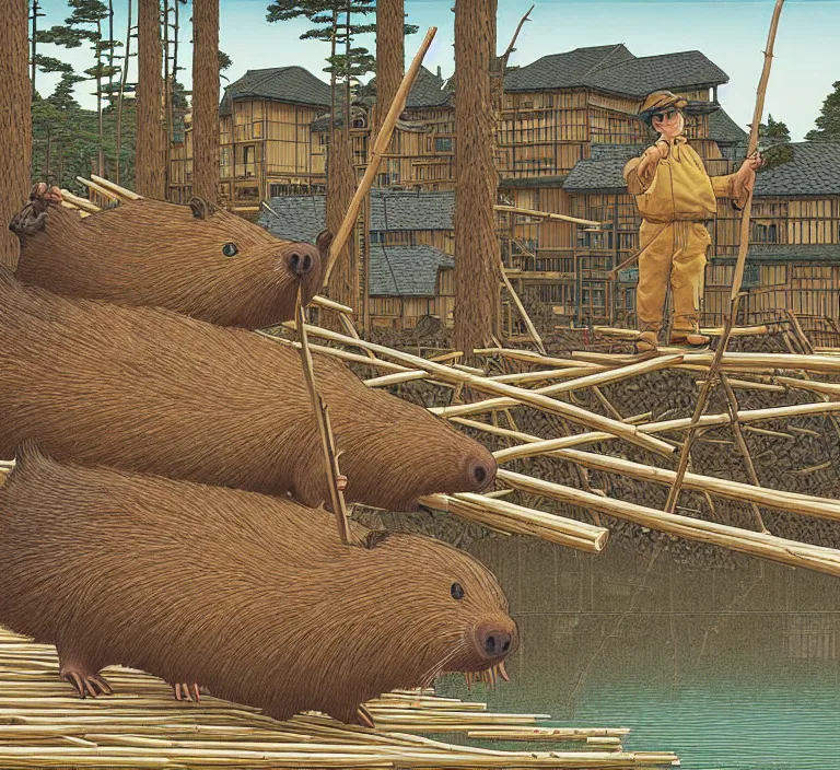 Image similar to photography hyperrealism concept art of anthropomorphic beavers builders that building city with sticks by hasui kawase
