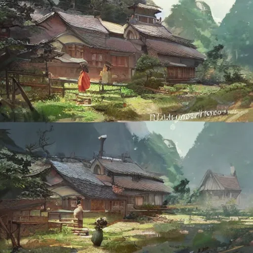 Image similar to concept art painting of a cozy village in a mountainous forested valley, historic english and european and japanese architecture, realistic, detailed, cel shaded, in the style of makoto shinkai and greg rutkowski and james gurney