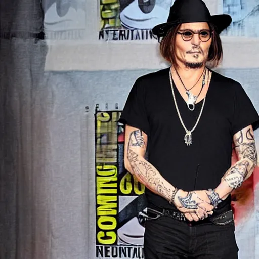 Prompt: johnny depp with a cool t - shirt that says comicsgate