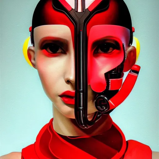 Prompt: Futuristic portrait painting of a cyborg girl with black and red robotic parts, medium shot, asymmetrical, profile picture, Organic Painting, sunny day, Matte Painting, bold shapes, hard edges, street art, trending on artstation, by Huang Guangjian and Gil Elvgren and Sachin Teng