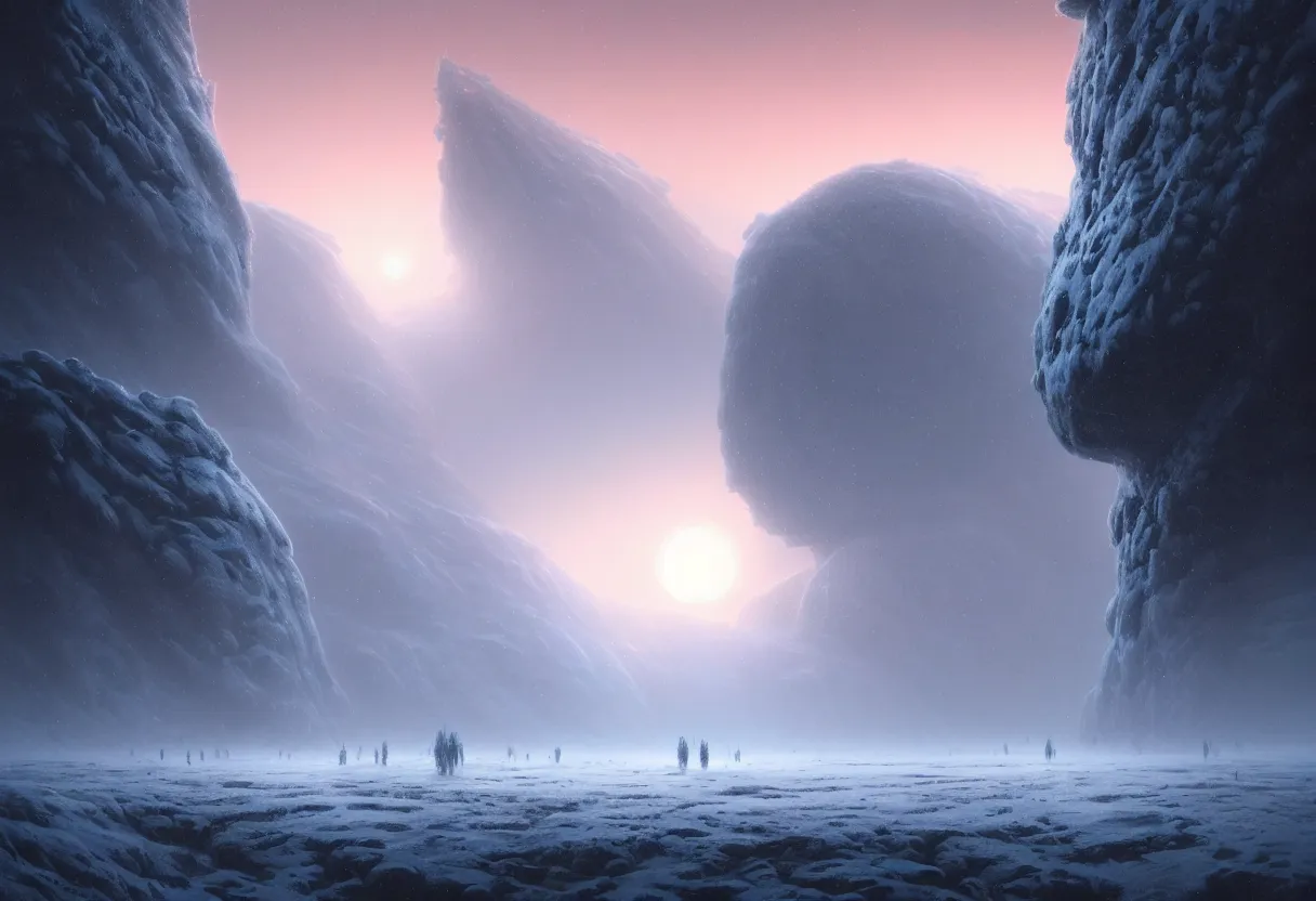 Image similar to ground level view of the surface of frozen winter alien planet at sunset, ultra high definition, ultra detailed, symmetry, fog, matte painting, by greg rutkowski and ross tran and wlop