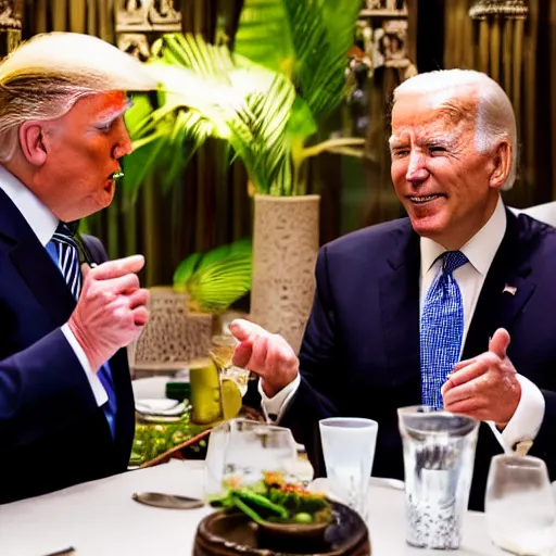 Image similar to Trump and Biden having dinner at a fancy Balinese restaurant, award winning photography, 85mm, perfect faces