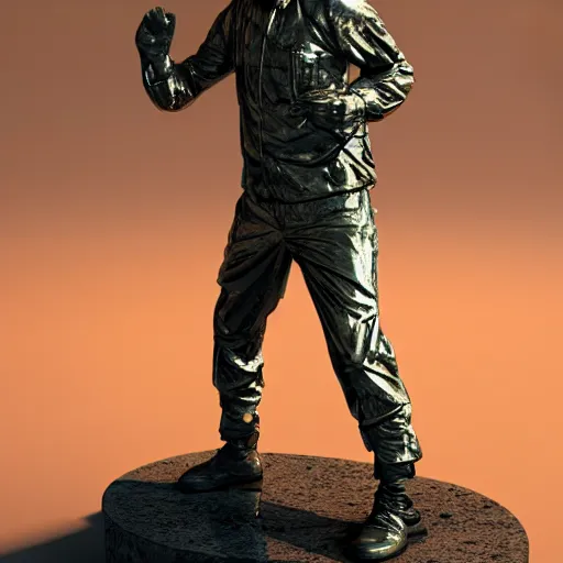 Image similar to 3 d render melted military soldier running sculpture, chrometype, liquid metal, neotribal, raytraced, volumetric lightning, 8 k by wlop, innate studio h - 1 0 0 0 w - 1 0 0 0