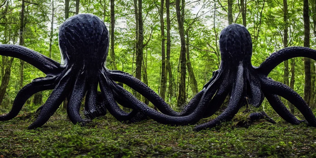 Image similar to a highly detailed giant black octopus god in the middle of a forest, beautiful ambient light, sun rays hitting the slightly transparent creature, 8k photography