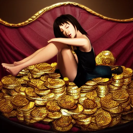 Prompt: dragon woman lounges on a bed of gold coins # anime # rendered # raycasting # vfx # photorealism