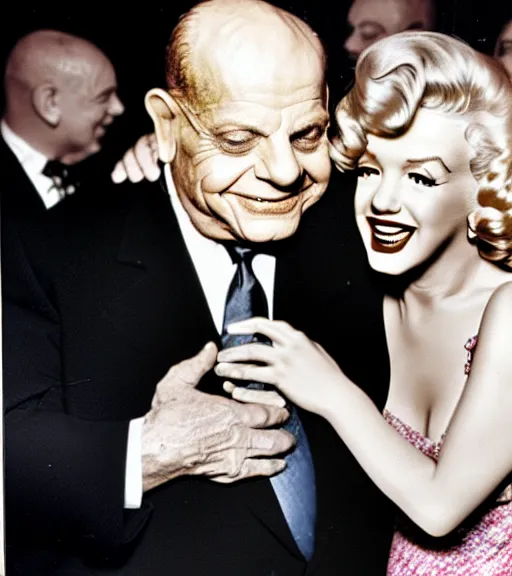 Prompt: young Don Rickles hugging marlin monroe, color photo, highly detailed, real life