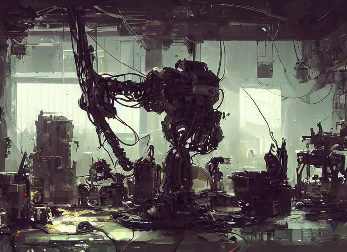 Prompt: a robot machine getting repaired in a workshop. some welder sparks. style by simon bisley, ismail inceoglu, wadim kashin, filip hodas, benedick bana, and andrew atroshenko.