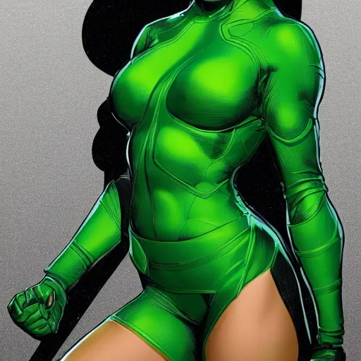 Prompt: high-detail illustration of smirking female superhero in a green bodysuit, by Kael Ngu, ArtStation