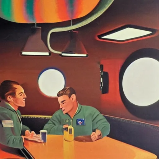 Prompt: two astronauts chatting in the corner booth of a greasy diner on the moon, midcentury American painting, stunning light, incredible detail