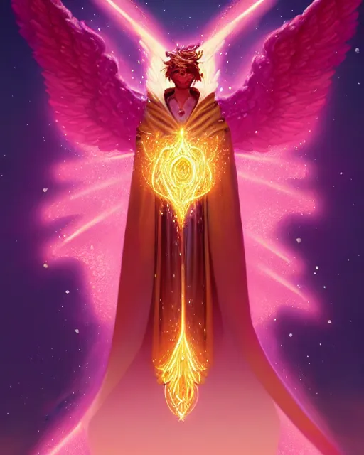 Image similar to a character portrait of only one male angel of justice with golden fiery wings, surrounded with spiriling sparkling rose crystals and galaxies, by peter mohrbacher, hyper light drifter, by ilya kuvshinov katsuhiro, jim burns, greg rutkowski, trending on artstation