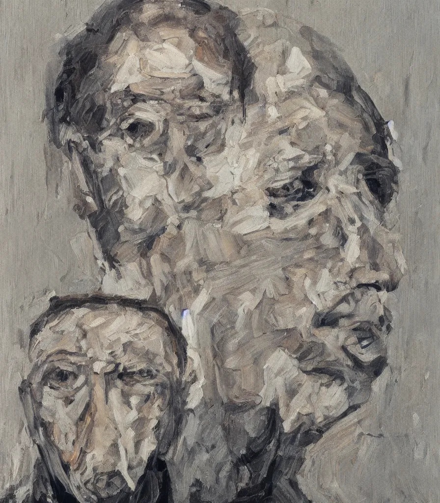 Image similar to close head shot of a vladimir wihtout shirt in the style of lucian freud self portrait. oil painting, thick brush strokes. gray background. hard light from top. perspective from below. 5 0 mm