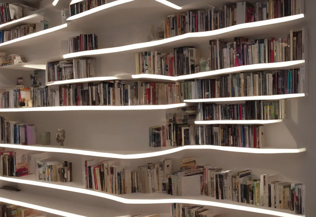 Prompt: bookshelves with led strip lights under each shelf, up close, homes and gardens, super detailed render, award winning,