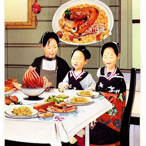 Prompt: normal rockwell's thanksgiving dinner illustration with japanese food. normal rockwell style. illustration. high quality.