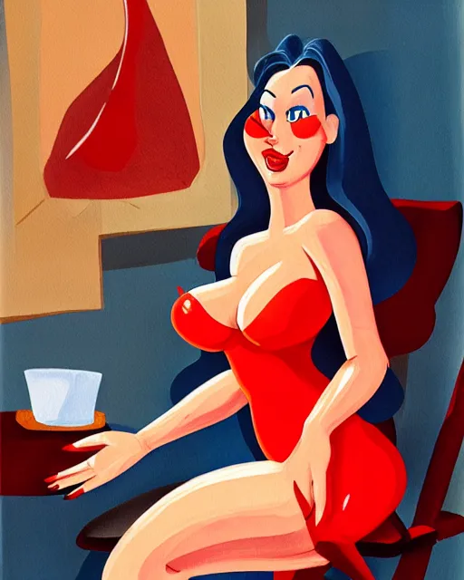 Image similar to Jessica Rabbit eating a bag of Doritos, sitting on a chair, stylized oil painting, traditional animation portrait