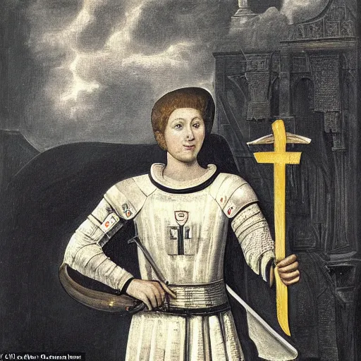 Prompt: portrait of joan d'arc with a brazilian national football team t - shirt, carrying a golden sword and a football ball, entering in maracana stadium, joan of arc enters orleans by jean - jacques scherrer, elegant, highly detailed