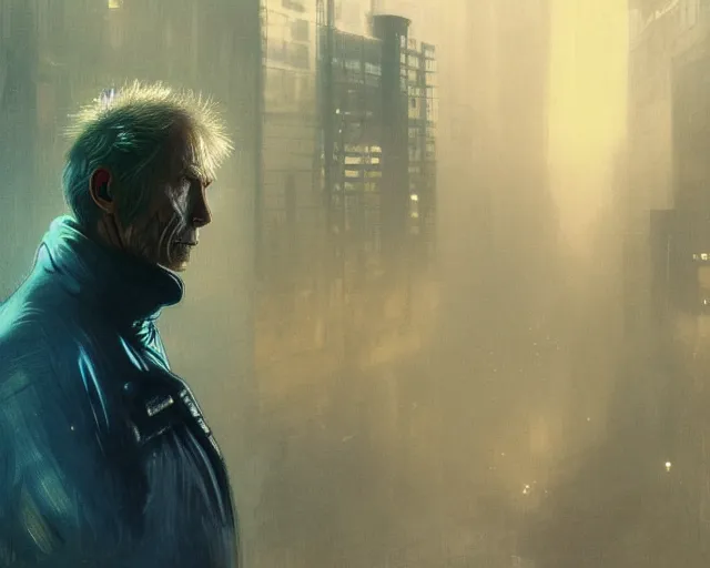 Image similar to 2 0 1 8 blade runner movie still clint eastwood look at the cityscape from roof perfect face fine realistic face pretty face reflective polymer suit tight neon puffy jacket blue futuristic sci - fi elegant by denis villeneuve tom anders zorn hans dragan bibin thoma greg rutkowski ismail inceoglu illustrated sand storm alphonse mucha