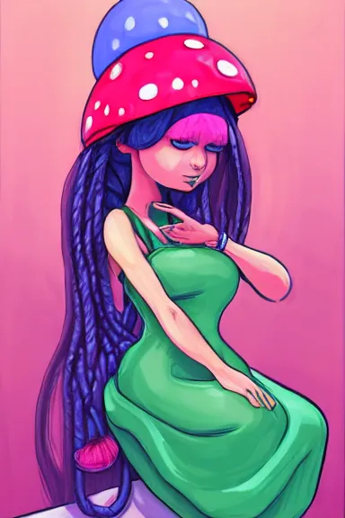 Prompt: a beautiful girl wearing a mushroom hat in dress sitting on her bed with a slime in her lap | | purple hair with braids, pretty face, sharped details, art by jasper ejsing and lois van baarle, trending on pixiv, anatomically correct, perfect composition, symmetrical, fascinated