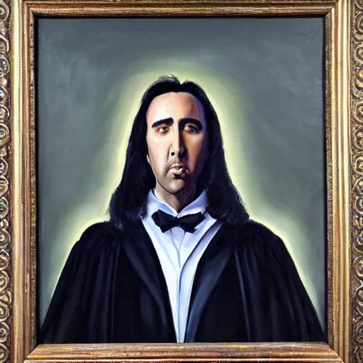 Image similar to gorgeous painting of nicolas cage wearing robes, as professor of dark arts in hogwarts, oil on canvas, ultra detailed